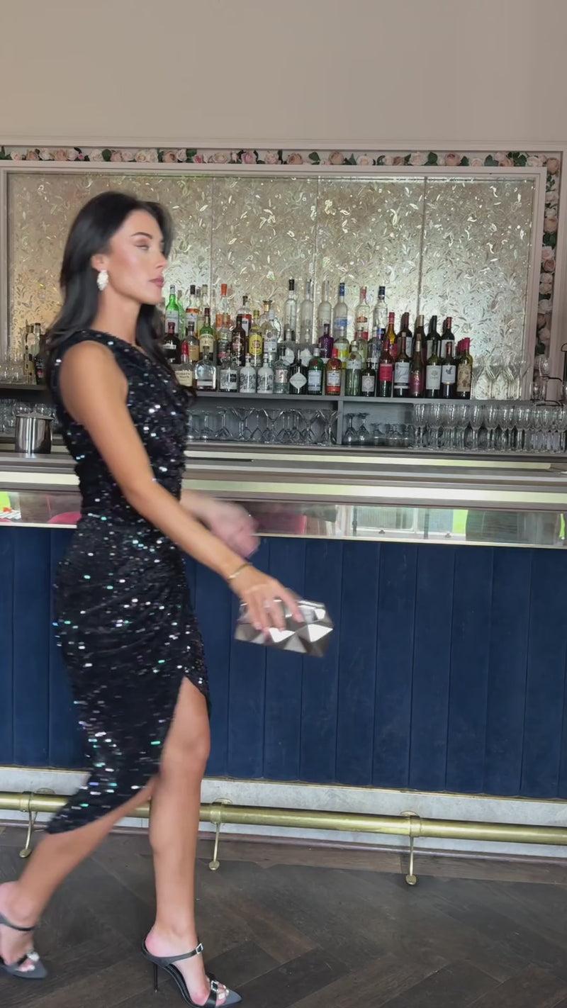 Ax Paris Multi Sequin One Shoulder Gathered Midi Dress