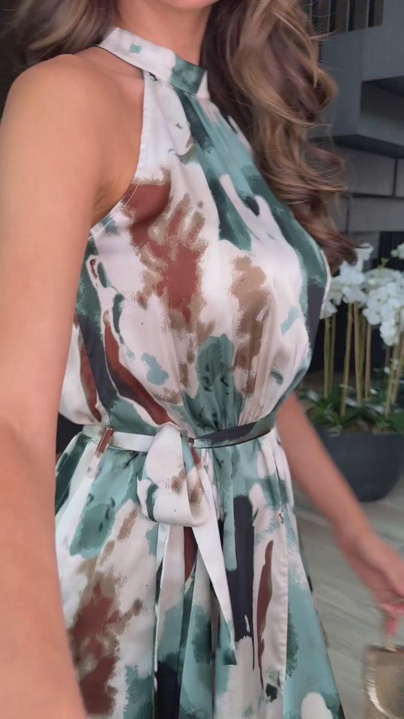 Ax Paris Multi Smudge Print Halterneck Tie Waist Mini Dress