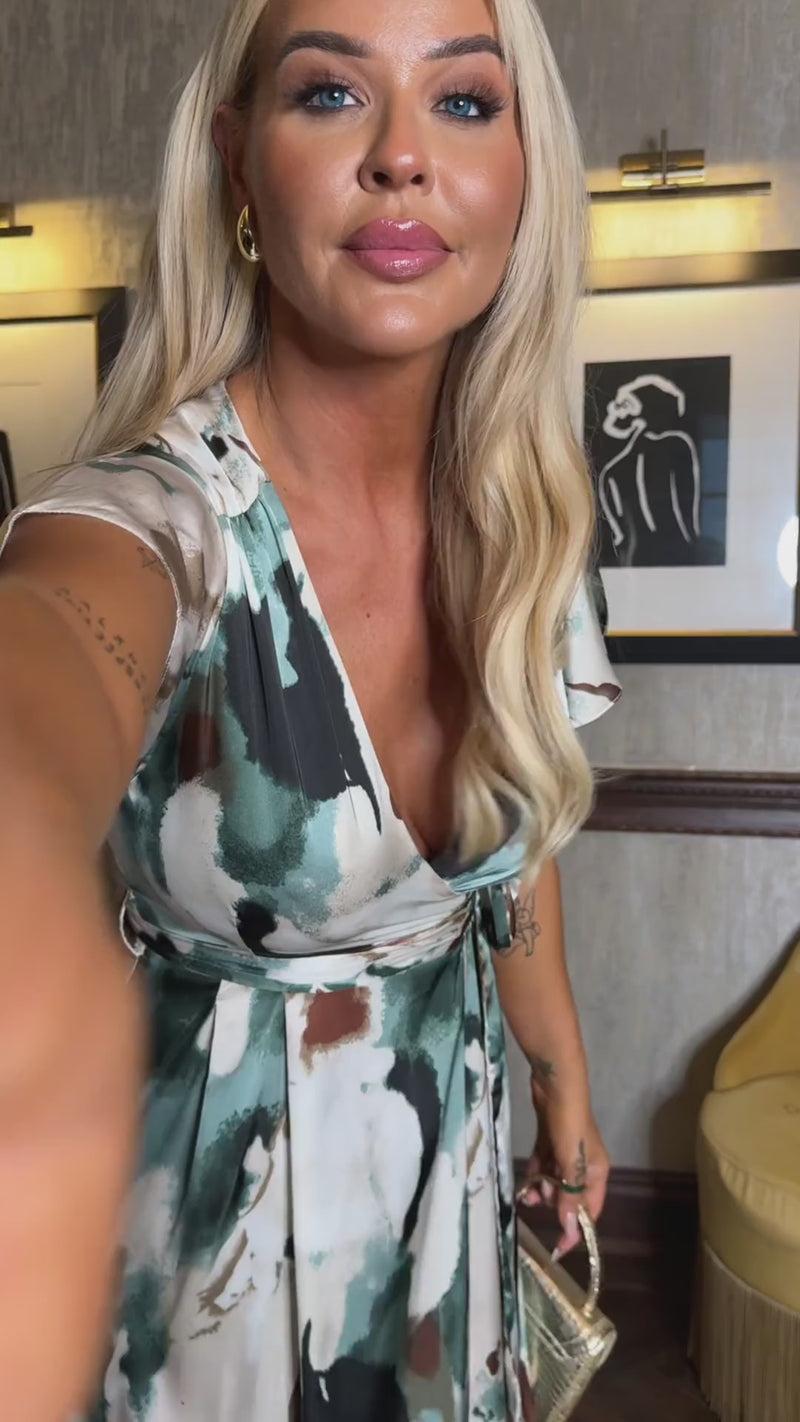 Ax Paris Multi Smudge Print Short Sleeve Belted Wrap Midi Dress