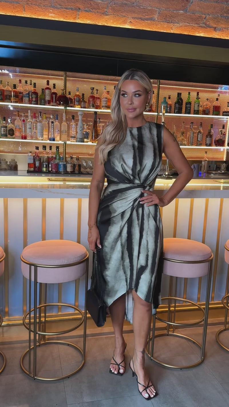 Ax Paris Multi Smudged Stripe Print Shoulder Padded Gathered Waist Midi Dress