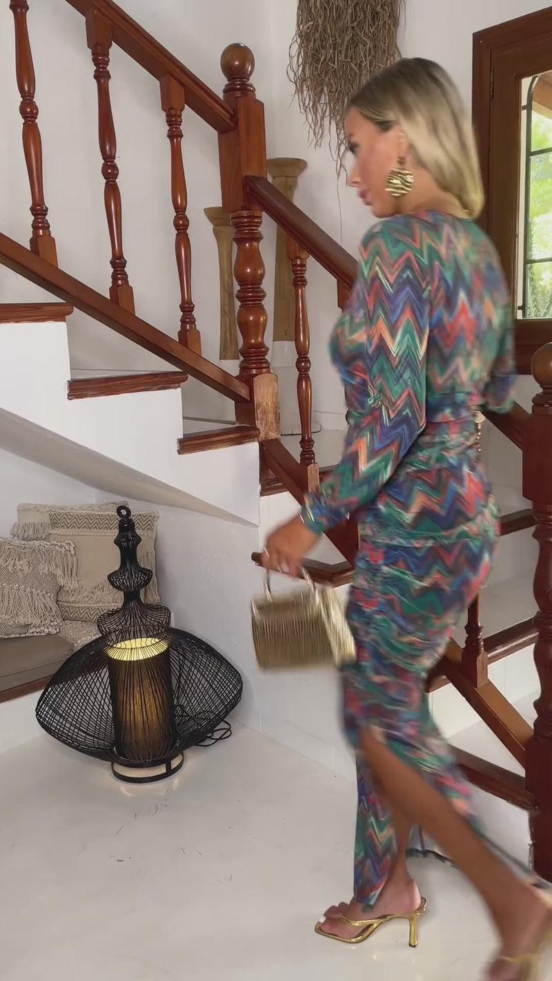 Ax Paris Multi Zig Zag Printed Mesh Overlay Long Sleeve Bodycon Midi Dress