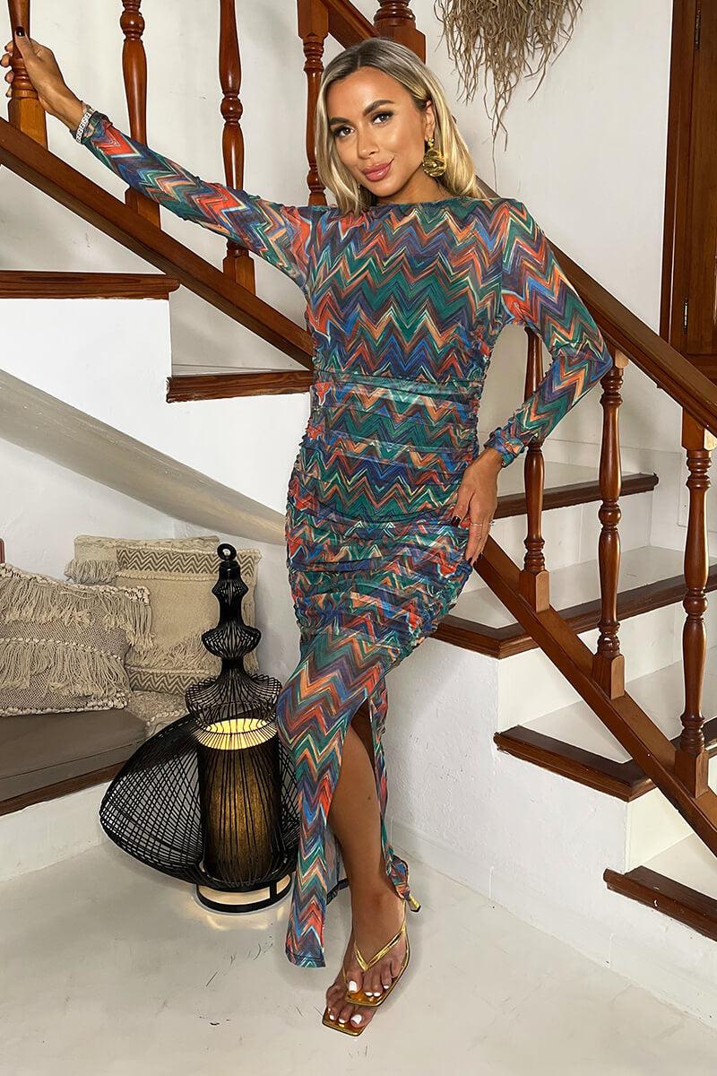 Ax Paris Multi Zig Zag Printed Mesh Overlay Long Sleeve Bodycon Midi Dress