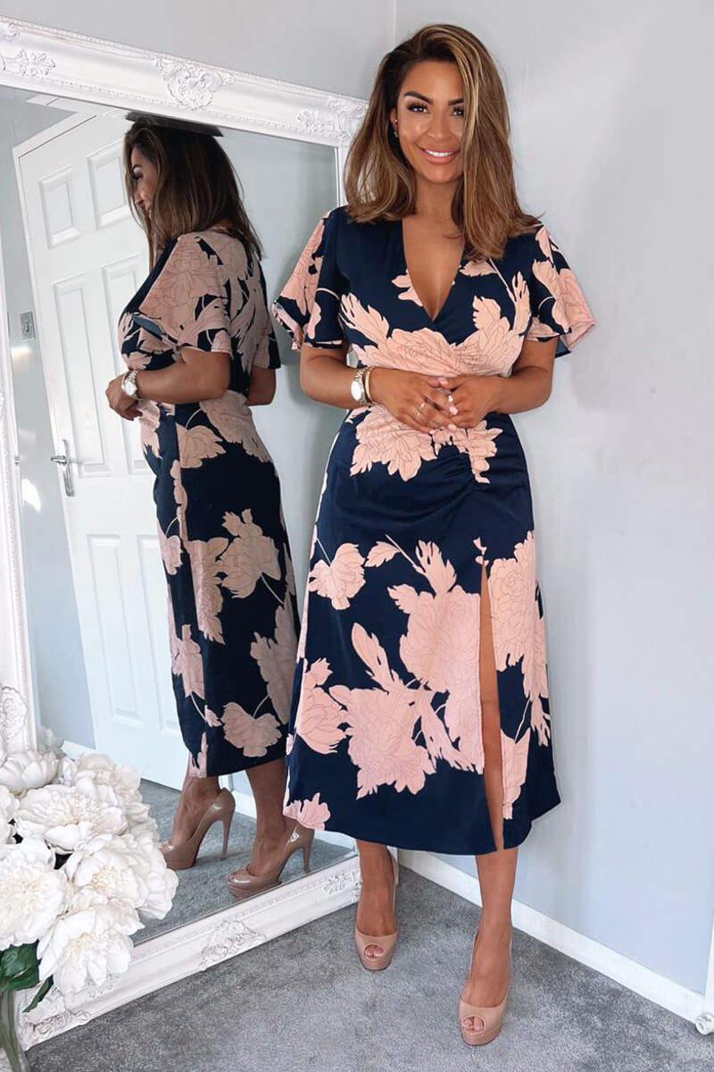 ax paris Navy And Blush Floral Print Bell Sleeve Midi Dress