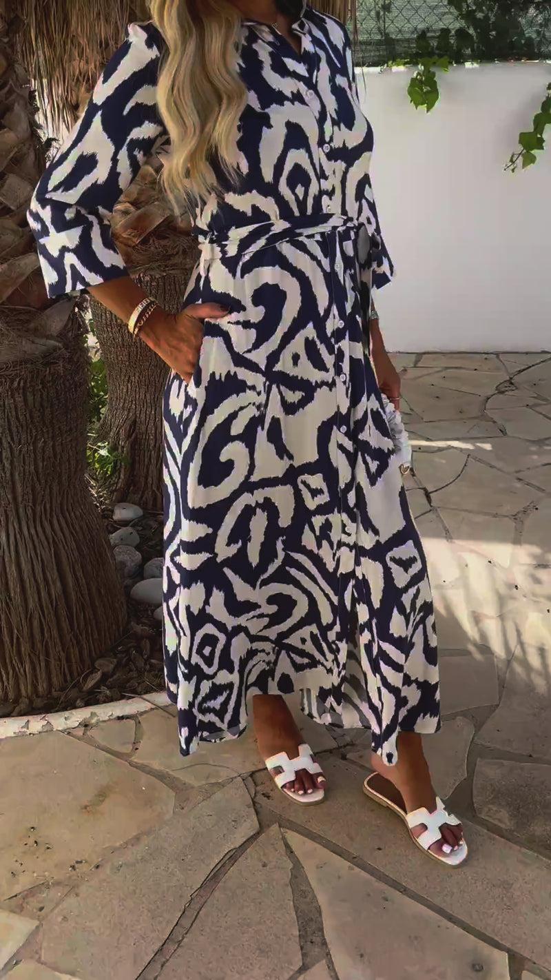 Ax Paris Navy And Cream Abstract Print 3/4 Sleeve Tie Waist Shirt Midi Dress