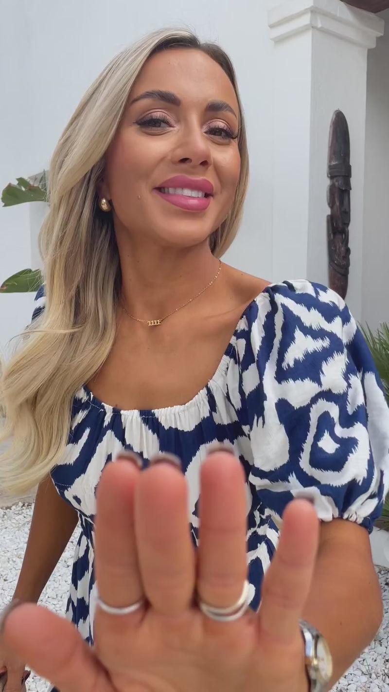 Ax Paris Navy And Cream Abstract Print Short Sleeve Frill Hem Mini Dress