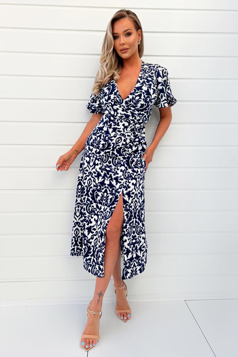 Ax Paris Navy And Cream Printed Bell Sleeve Midi Dress