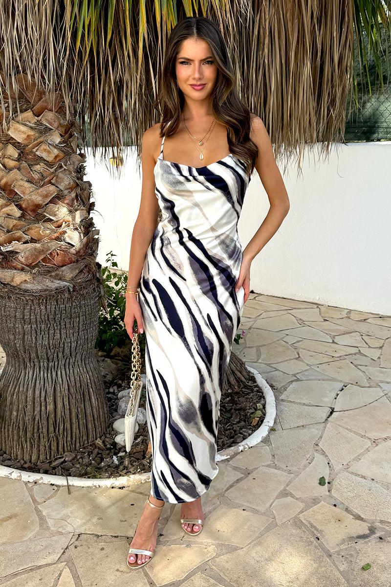 Ax Paris Navy And Cream Stripe Print Strappy Twist Back Slip Midi Dress
