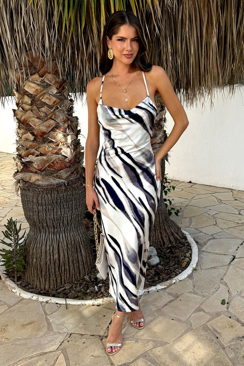 Ax Paris Navy And Cream Stripe Print Strappy Twist Back Slip Midi Dress