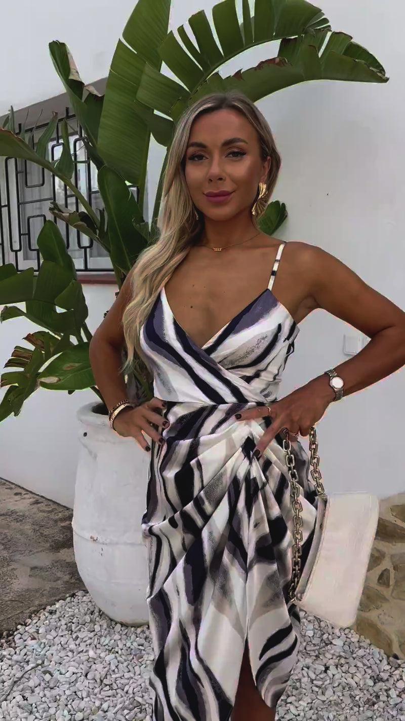 Ax Paris Navy And Cream Stripe Print Strappy Wrap Top Midi Dress