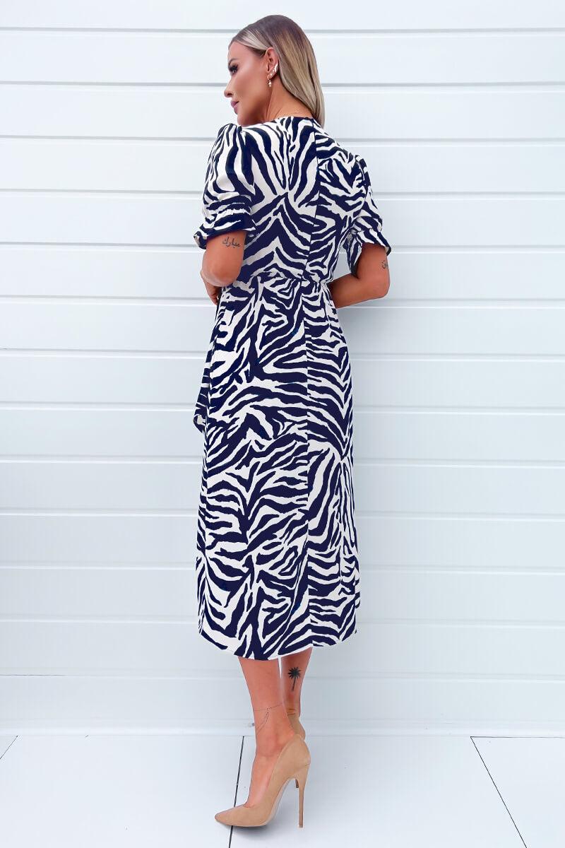 Ax Paris Navy And Cream Zebra Printed Wrap Skirt Midi Dress
