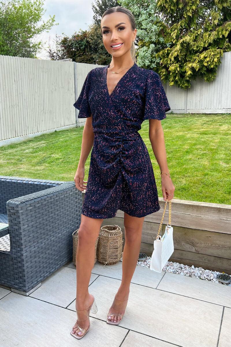 ax paris Navy And Pink Printed Short Sleeve Gathered Mini Dress