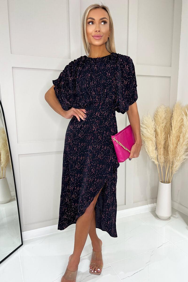 Ax Paris Navy And Pink Printed Wrap Skirt Midi Dress