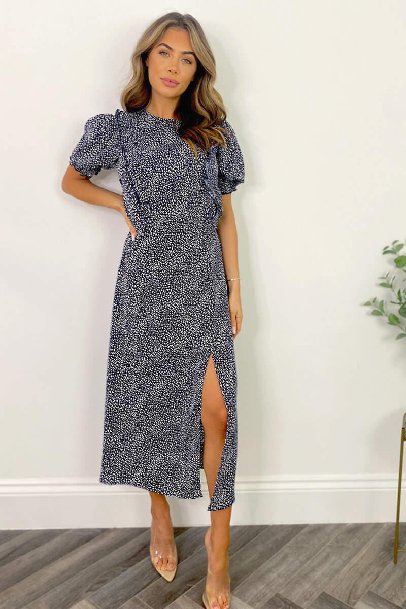 ax paris Navy And White Printed Ruffle Front Midi Dress