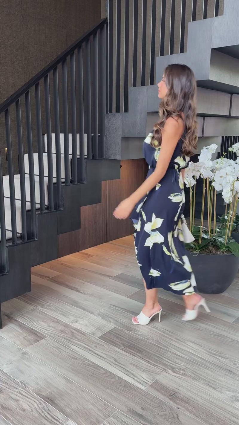 Ax Paris Navy Floral Print Halter Neck Dipped Hem Midi Dress