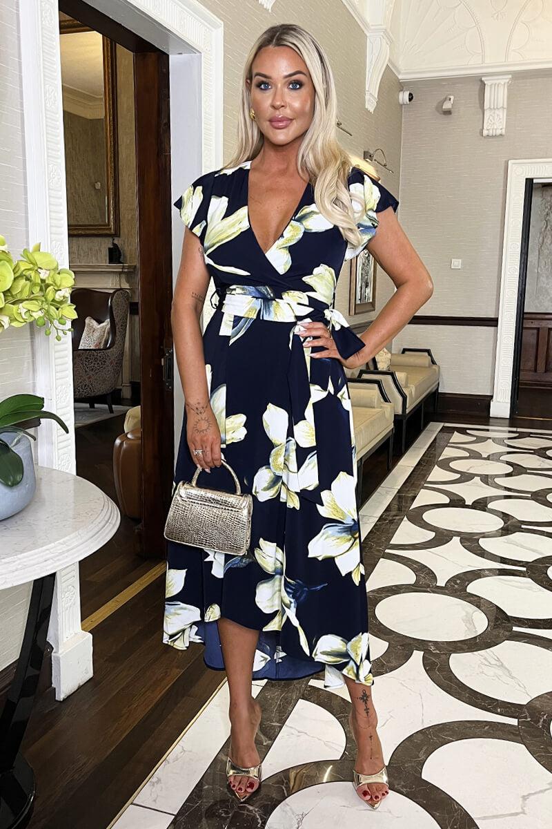 Ax Paris Navy Floral Print Short Sleeve Belted Wrap Midi Dress