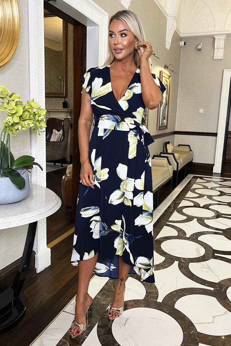 Ax Paris Navy Floral Print Short Sleeve Belted Wrap Midi Dress