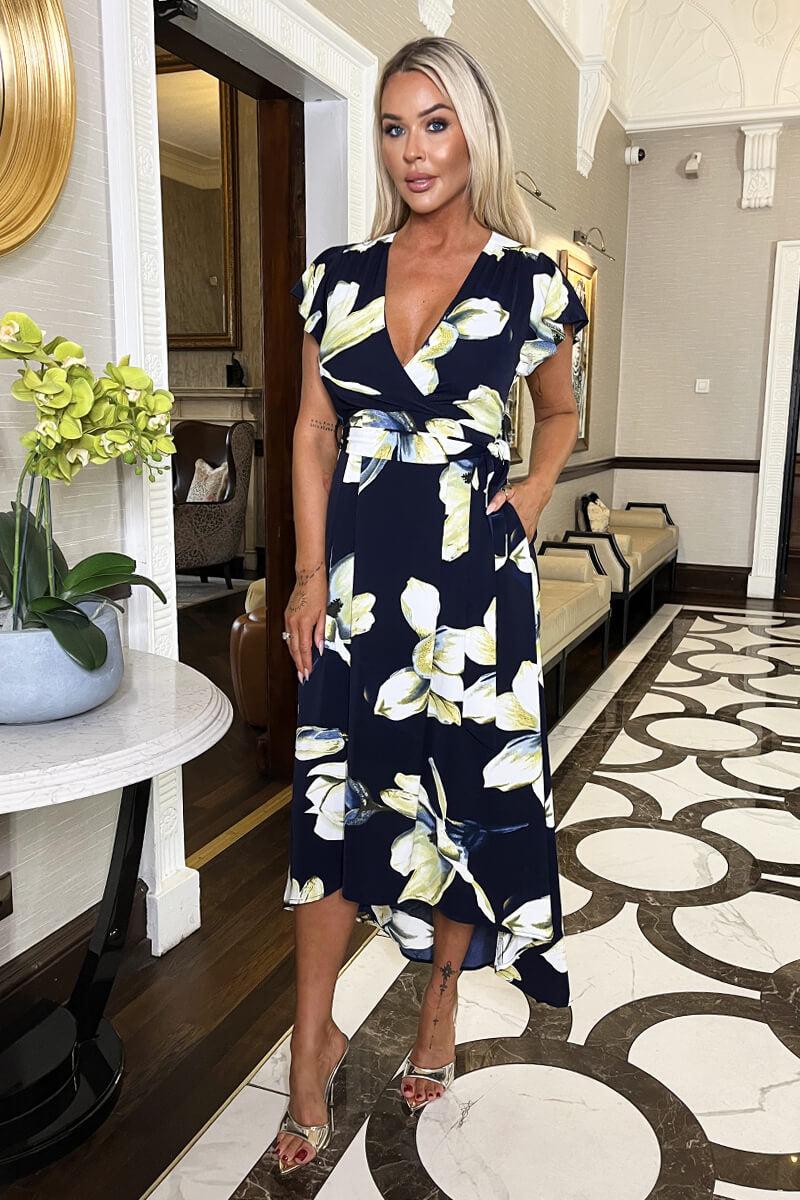 ax paris Navy Floral Print Short Sleeve Belted Wrap Midi Dress