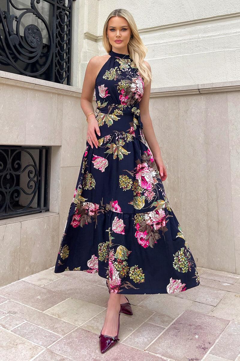 Ax Paris Navy Floral Printed High Neck Tie Belt Midi Dress