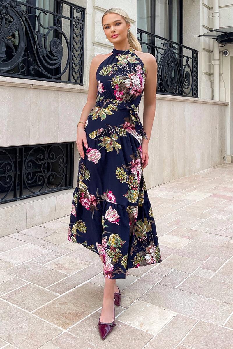 Ax Paris Navy Floral Printed High Neck Tie Belt Midi Dress