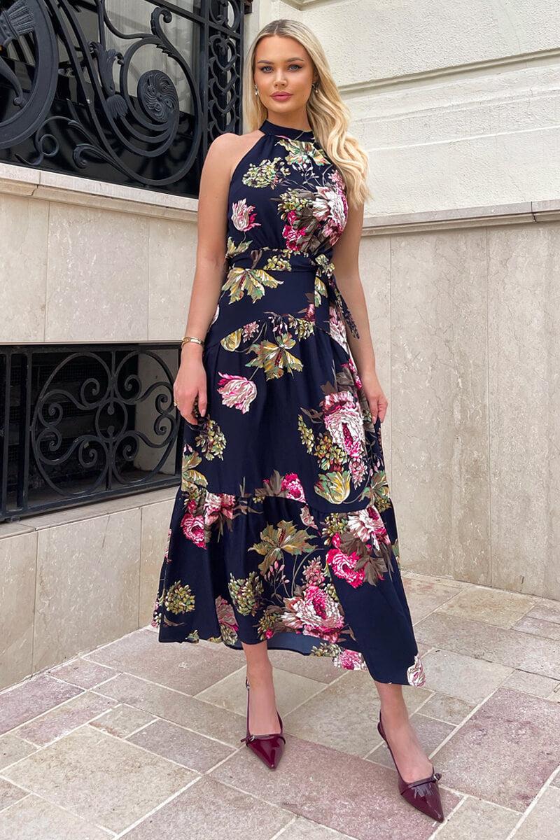 ax paris Navy Floral Printed High Neck Tie Belt Midi Dress