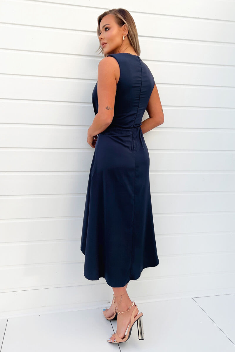 Ax Paris Navy Gathered Midi Dress With Shoulder Pads