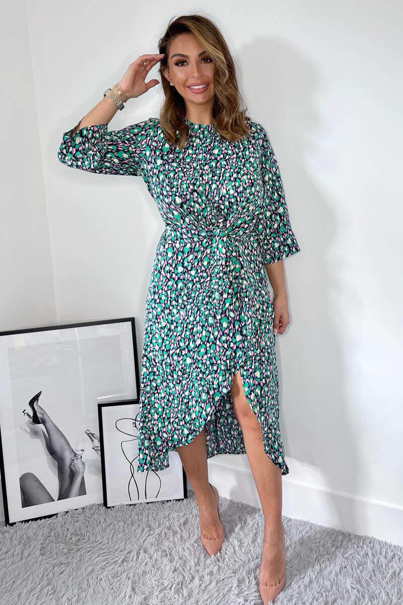 Ax Paris Navy Green And Pink Printed Wrap Tie Front Midi Dress