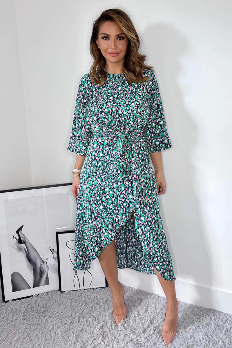Ax Paris Navy Green And Pink Printed Wrap Tie Front Midi Dress