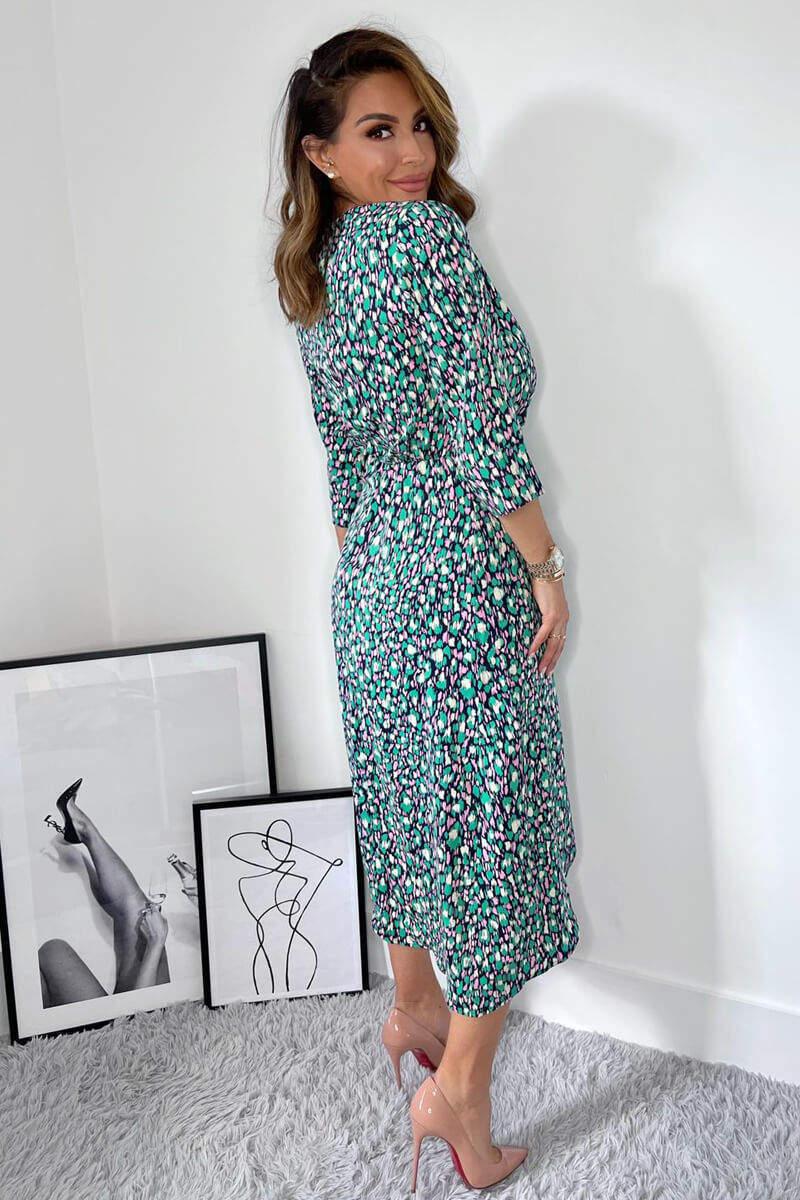 Ax Paris Navy Green And Pink Printed Wrap Tie Front Midi Dress