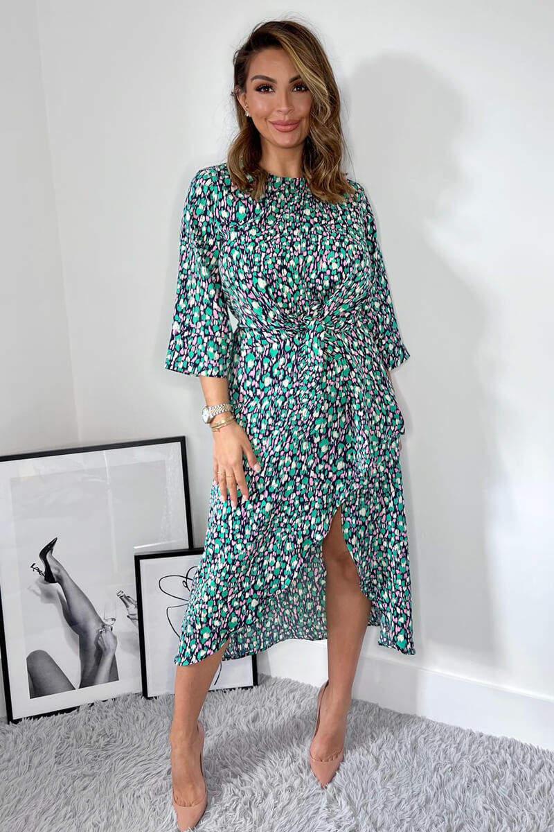 ax paris Navy Green And Pink Printed Wrap Tie Front Midi Dress