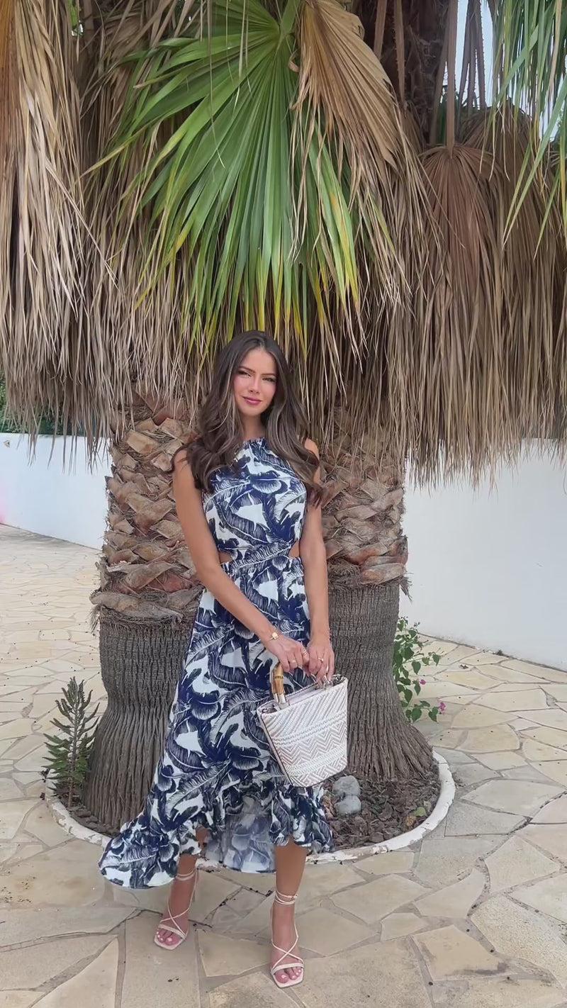 Ax Paris Navy Leaf Print Waist Cut Out Frill Hem Midi Dress