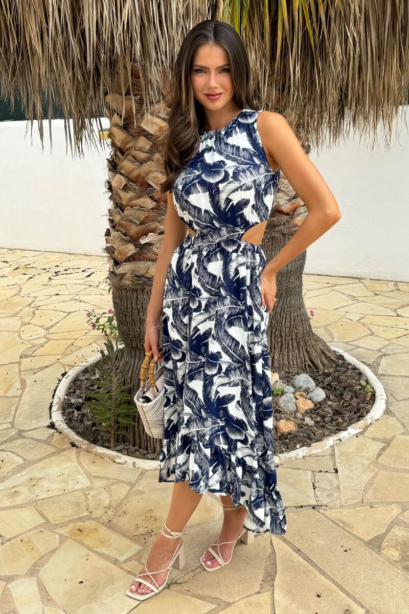 Ax Paris Navy Leaf Print Waist Cut Out Frill Hem Midi Dress