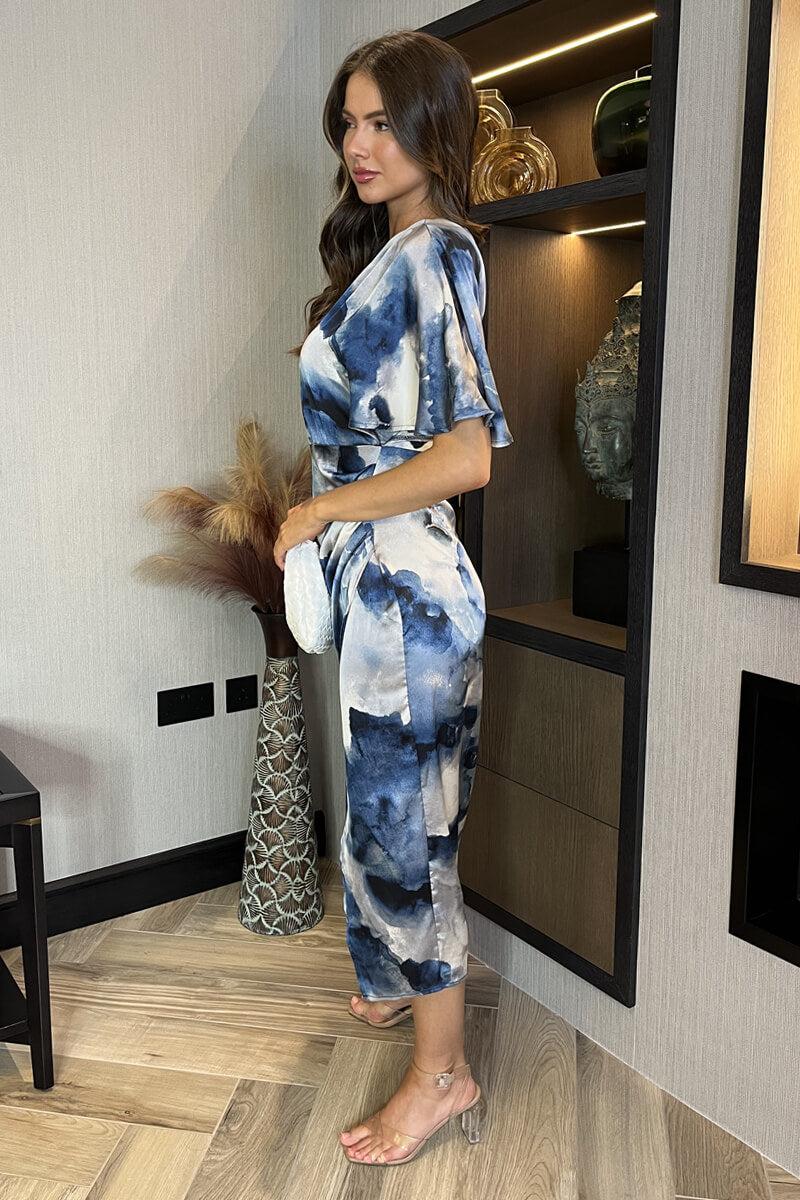 Ax Paris Navy Marble Print One Shoulder Wrap Skirt Midi Dress