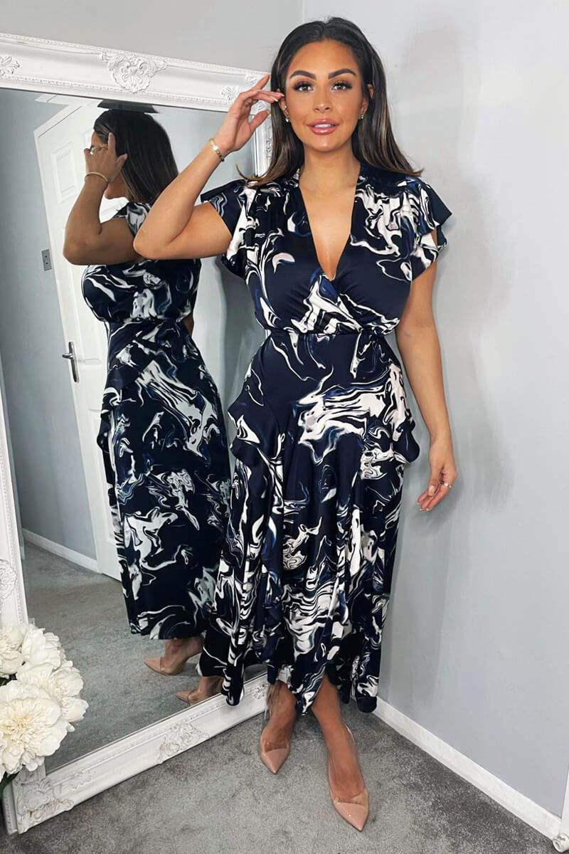 Ax Paris Navy Marble Print Short Sleeve Ruffle Midi Dress