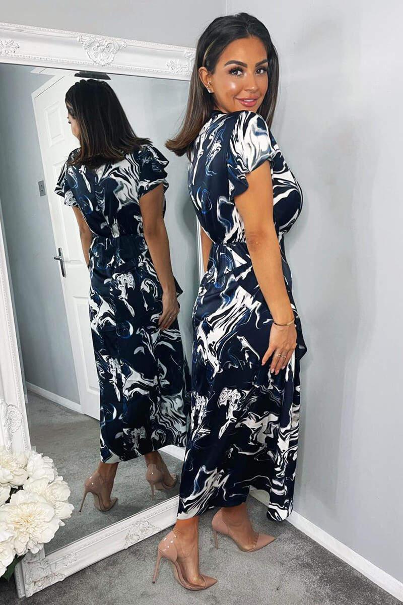 Ax Paris Navy Marble Print Short Sleeve Ruffle Midi Dress
