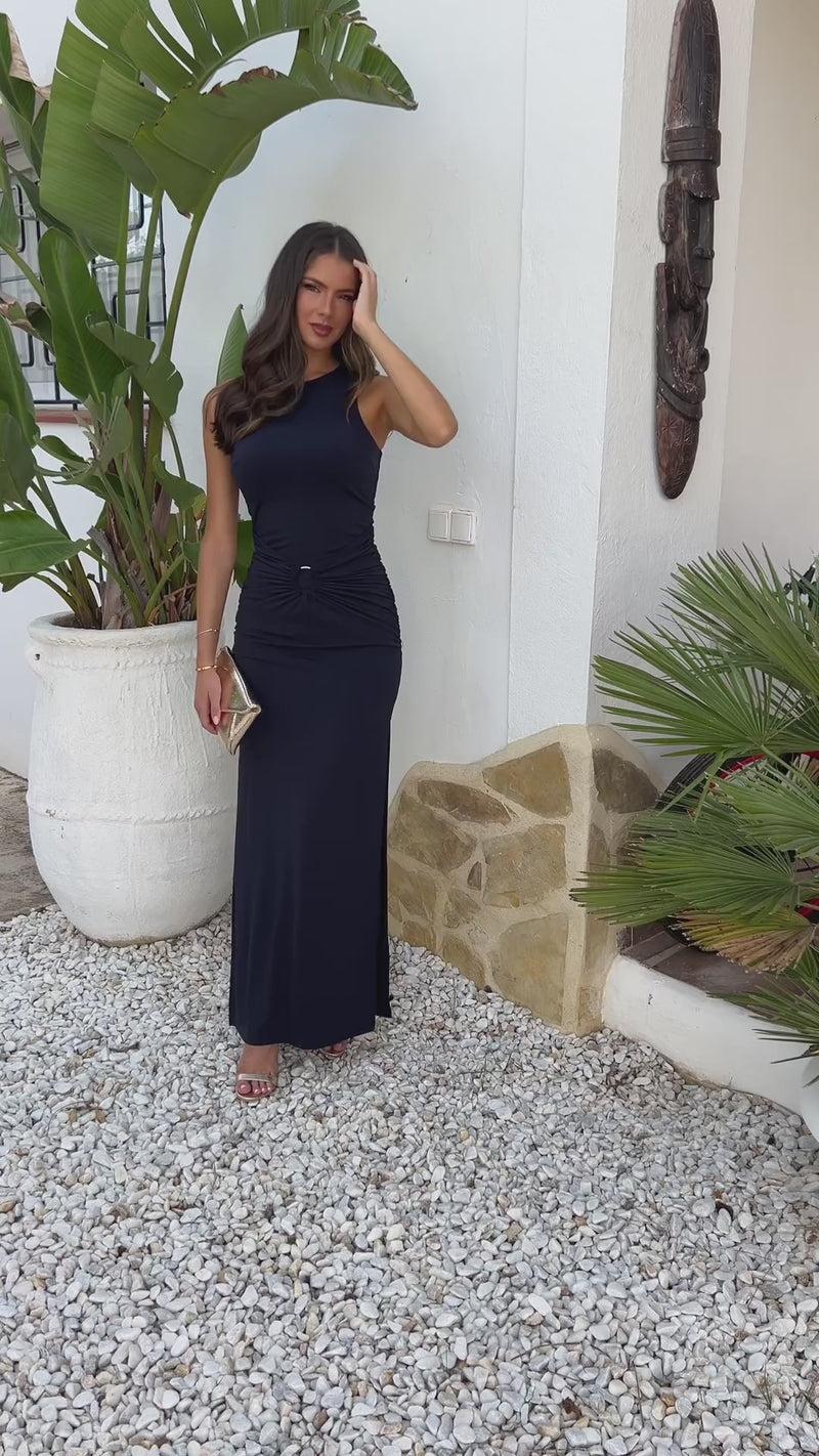 Ax Paris Navy O-Ring Detail Ruched Hip Bodycon Midi Dress