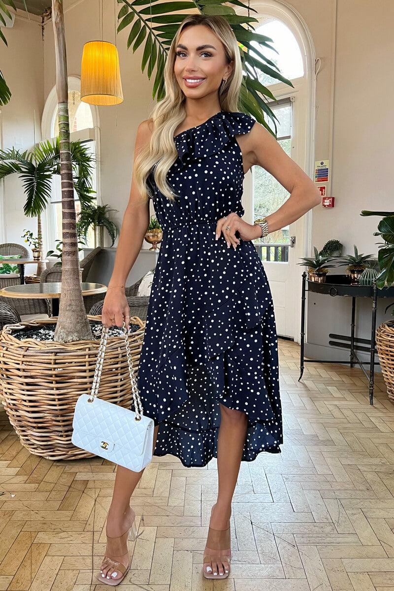 Ax Paris Navy Polka Dot One Shoulder Frill Detail Dipped Hem Dress