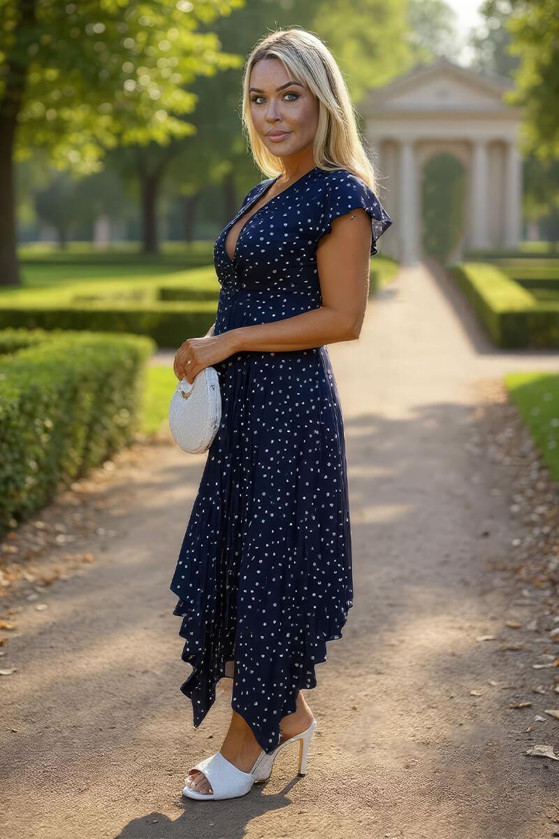 Ax Paris Navy Polka Dot Print Wrap Top Zig Zag Hem Pleated Midi Dress