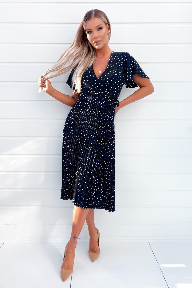 Ax Paris Navy Polka Dot Wrap Top Belted Pleated Midi Dress