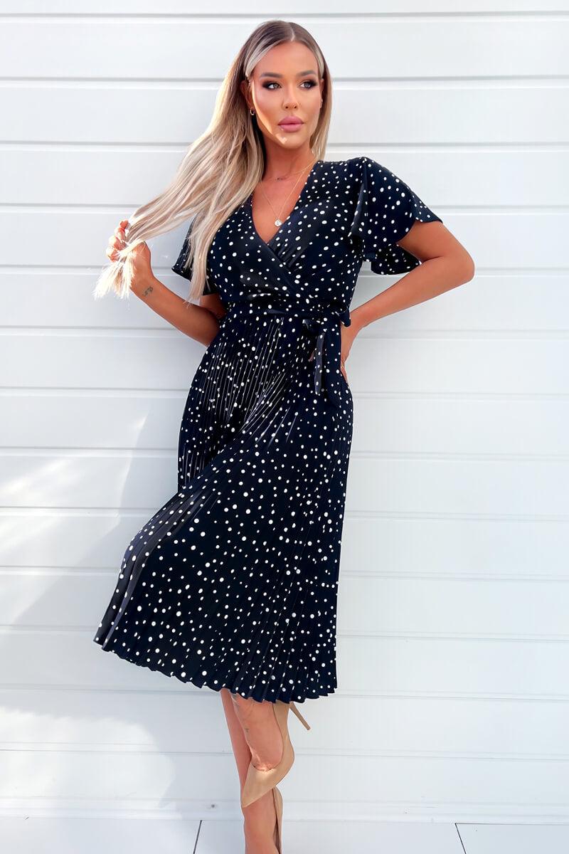 Ax Paris Navy Polka Dot Wrap Top Belted Pleated Midi Dress