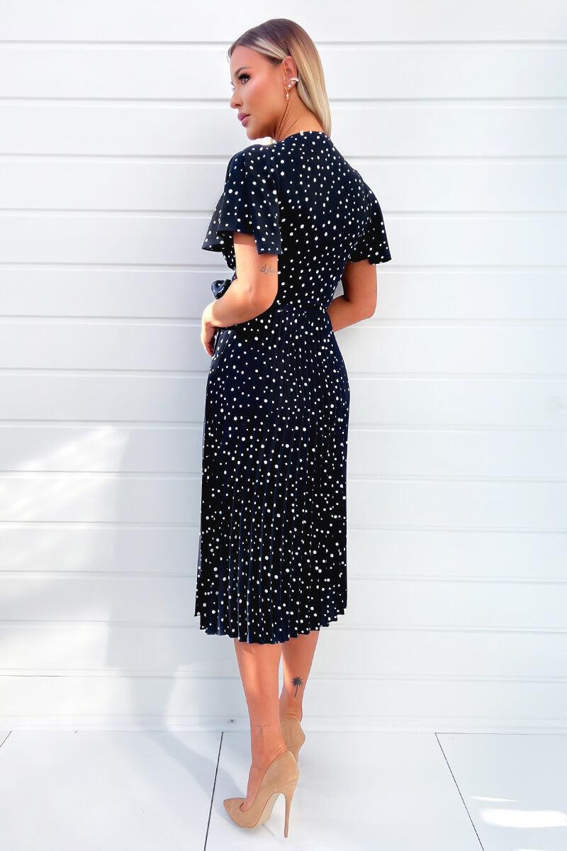 Ax Paris Navy Polka Dot Wrap Top Belted Pleated Midi Dress
