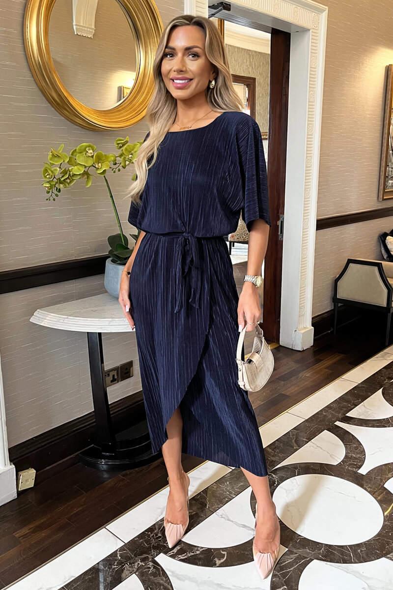 Ax Paris Navy Short Sleeve Tie Waist Plisse Midi Dress