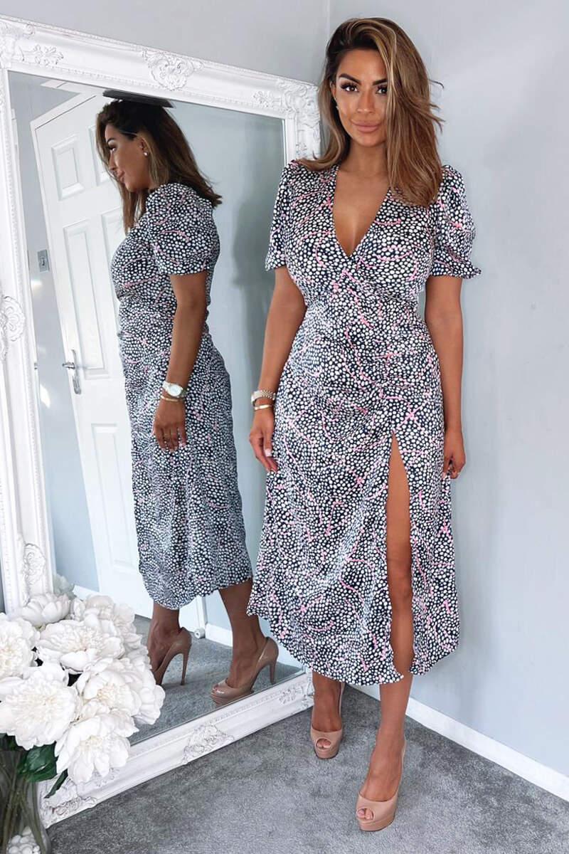 Ax Paris Navy White And Pink Printed Ruched Side Midi Dress