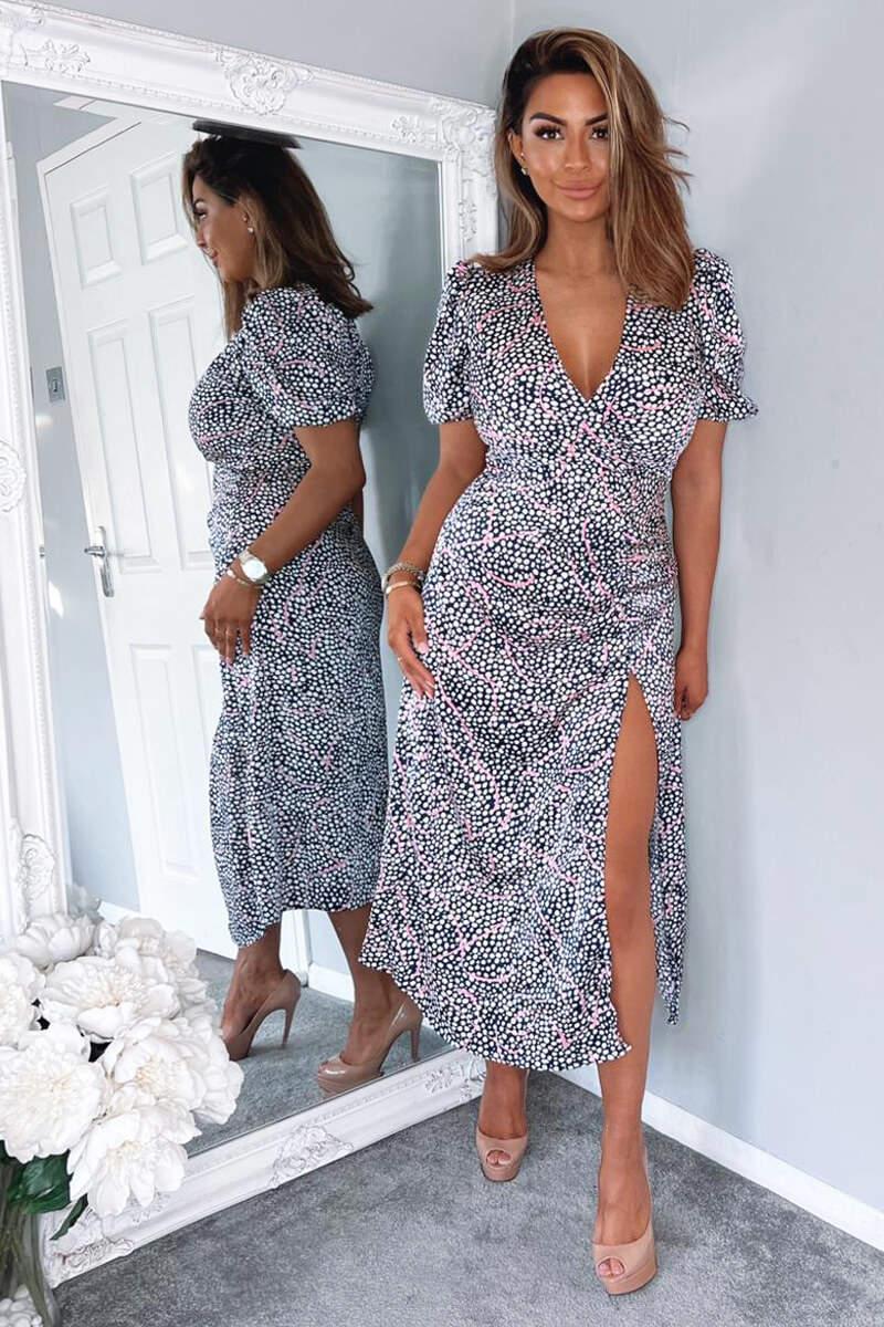 ax paris Navy White And Pink Printed Ruched Side Midi Dress