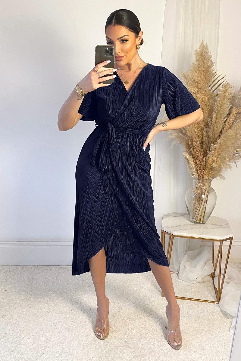ax paris Navy Wrap Top Belted Short Sleeve Plisse Midi Dress