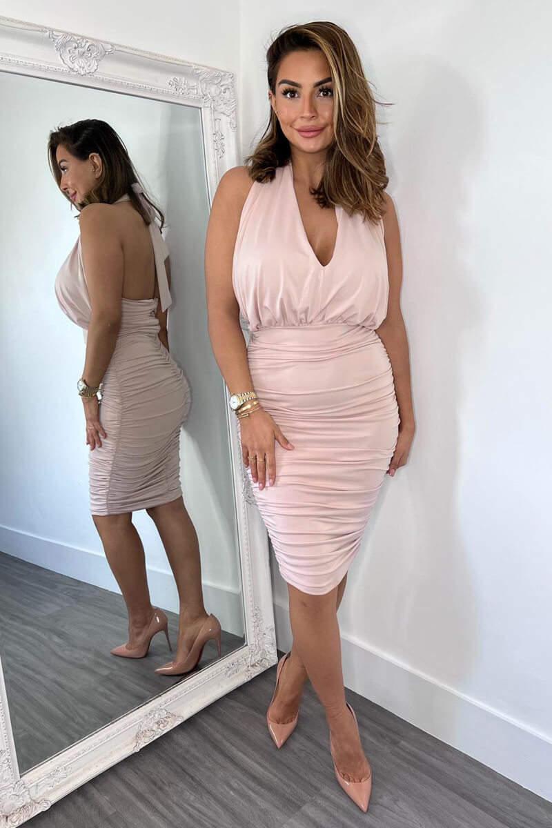 Ax Paris Nude Halter Tie Neck Ruched Midi Bodycon Dress