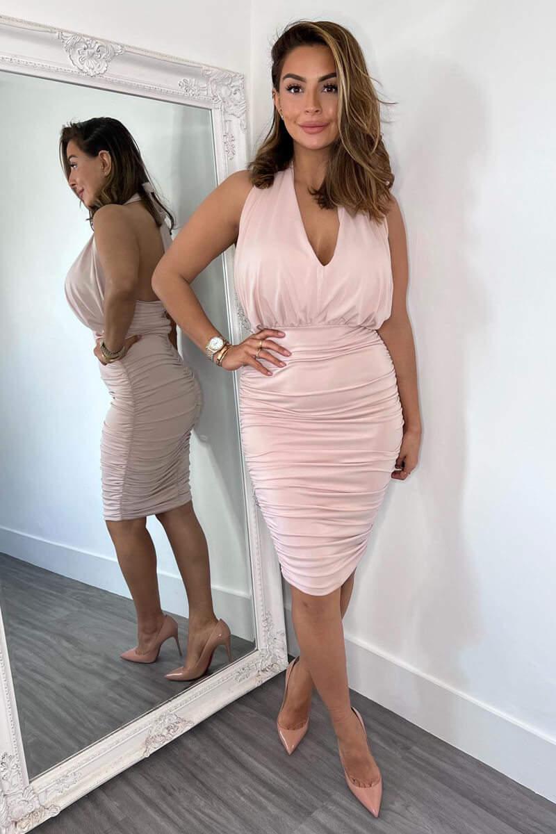 ax paris Nude Halter Tie Neck Ruched Midi Bodycon Dress
