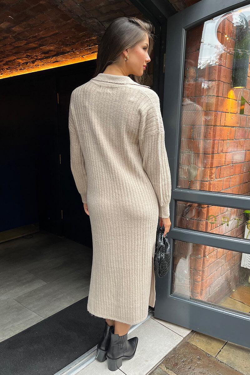 Ax Paris Oatmeal Knit Long Sleeve Collared Midi Dress