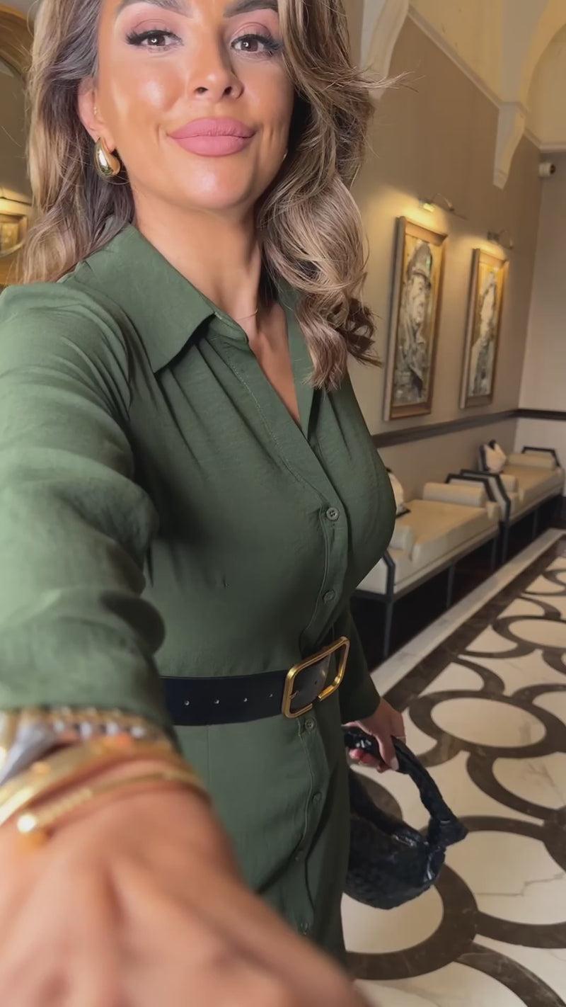 Ax Paris Olive Button Front Belted Shirt Midi Dress