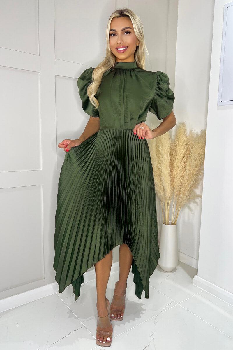 ax paris Olive High Neck Puff Sleeve Zig Zag Hem Pleated Midi Dress