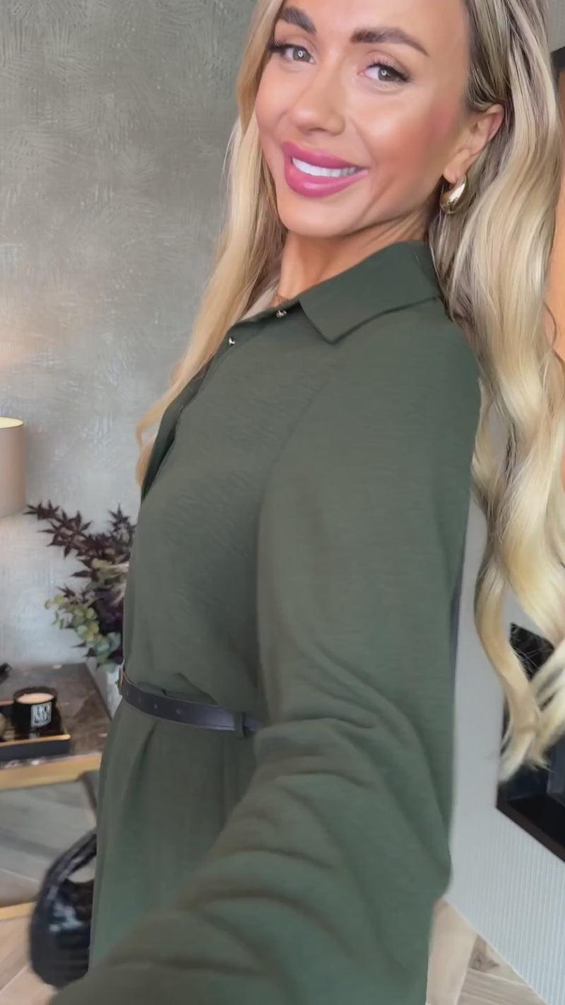 Ax Paris Olive Long Sleeve Frill Hem Shirt Mini Dress